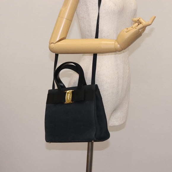 Salvatore Ferragamo Hand Bag Suede 2way Black Gold Auth 135339