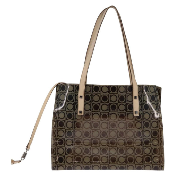 Salvatore Ferragamo Gancini Shoulder Bag Vinyl Brown Silver Auth 135345