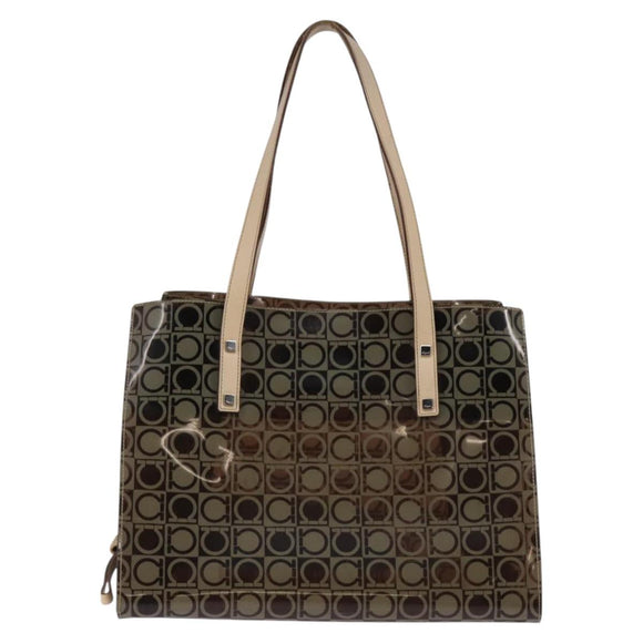 Salvatore Ferragamo Gancini Shoulder Bag Vinyl Brown Silver Auth 135345