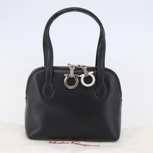 Salvatore Ferragamo Gancini Hand Bag Leather Black Silver Auth 135346