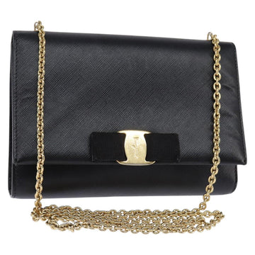 Salvatore Ferragamo Chain Shoulder Bag Leather Black Gold Auth 135347
