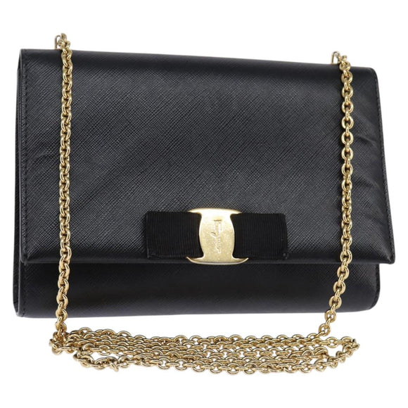 Salvatore Ferragamo Chain Shoulder Bag Leather Black Gold Auth 135347