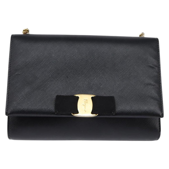 Salvatore Ferragamo Chain Shoulder Bag Leather Black Gold Auth 135347