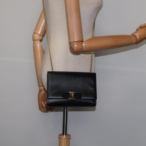 Salvatore Ferragamo Chain Shoulder Bag Leather Black Gold Auth 135347