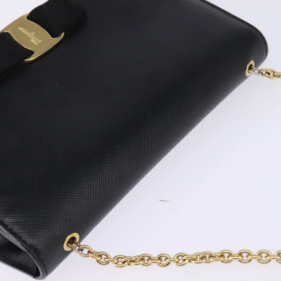 Salvatore Ferragamo Chain Shoulder Bag Leather Black Gold Auth 135347