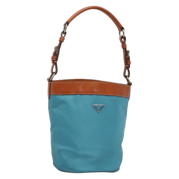 PRADA Shoulder Bag Nylon Leather Silver Blue Auth 135381