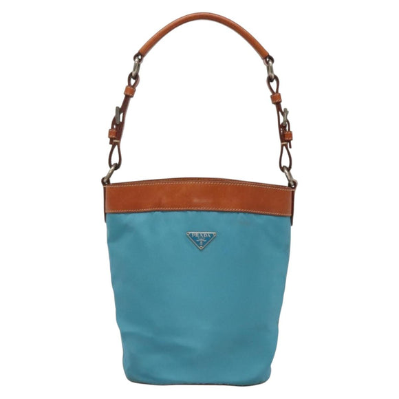 PRADA Shoulder Bag Nylon Leather Silver Blue Auth 135381