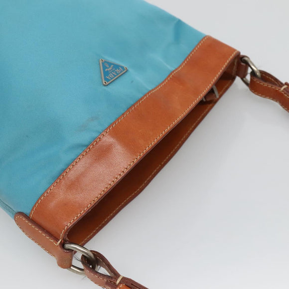 PRADA Shoulder Bag Nylon Leather Silver Blue Auth 135381