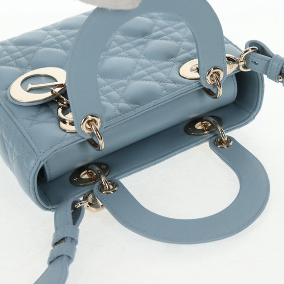Christian Dior Canage Hand Bag Leather 2way Light Blue Gold Auth 135403M
