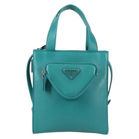 PRADA Hand Bag Leather 2way Green Silver Auth 135405M