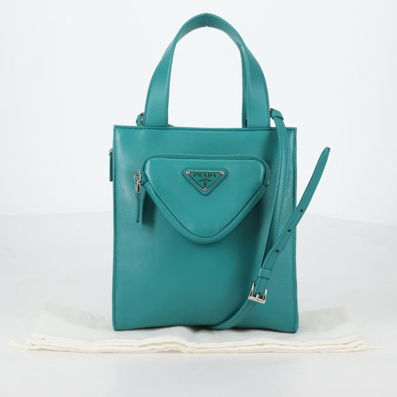 PRADA Hand Bag Leather 2way Green Silver Auth 135405M