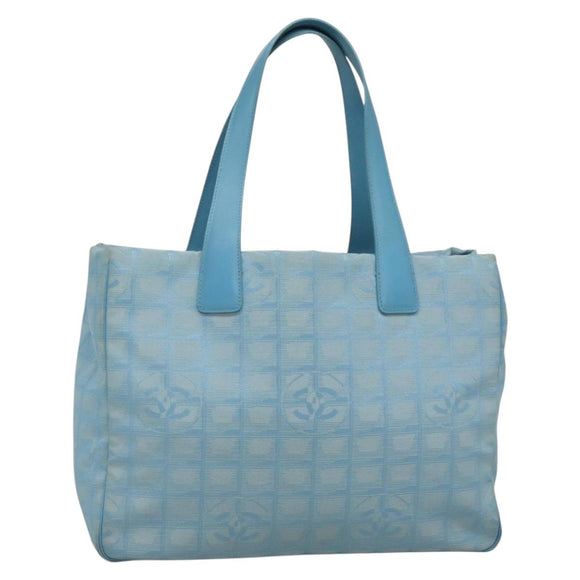 CHANEL New travel line Tote Bag Nylon Light Blue Silver CC Auth 135449