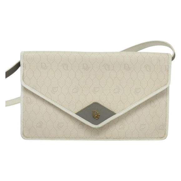 Christian Dior Honeycomb Canvas Shoulder Bag PVC White Gold Auth 135487