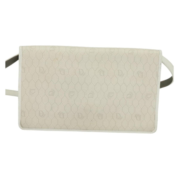 Christian Dior Honeycomb Canvas Shoulder Bag PVC White Gold Auth 135487