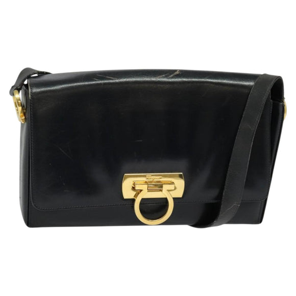 Salvatore Ferragamo Gancini Shoulder Bag Leather Black Gold Auth 135489