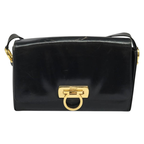 Salvatore Ferragamo Gancini Shoulder Bag Leather Black Gold Auth 135489