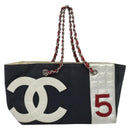 CHANEL Chain Tote Bag No5 Canvas Navy Silver CC Auth 135564-1