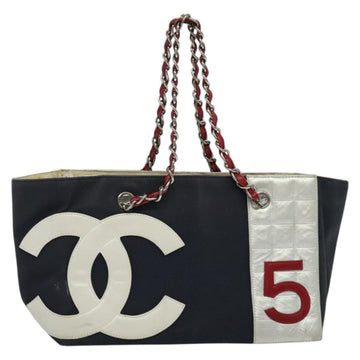 CHANEL Chain Tote Bag No5 Canvas Navy Silver CC Auth 135564
