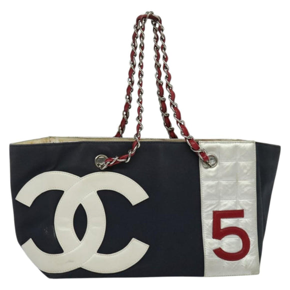 CHANEL Chain Tote Bag No5 Canvas Navy Silver CC Auth 135564