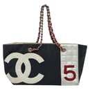 CHANEL Chain Tote Bag No5 Canvas Navy Silver CC Auth 135564-12