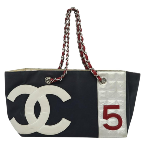 CHANEL Chain Tote Bag No5 Canvas Navy Silver CC Auth 135564
