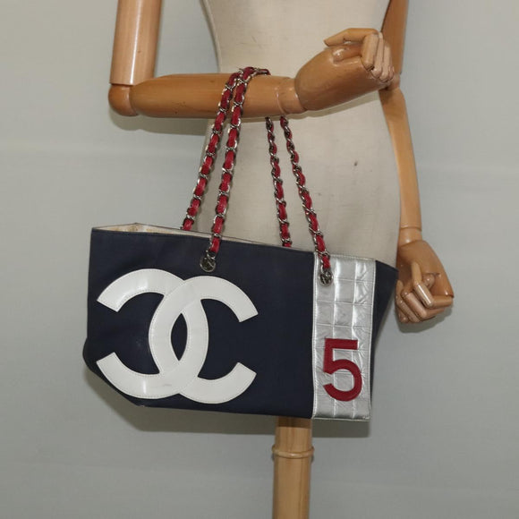CHANEL Chain Tote Bag No5 Canvas Navy Silver CC Auth 135564