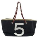 CHANEL Chain Tote Bag No5 Canvas Navy Silver CC Auth 135564-15