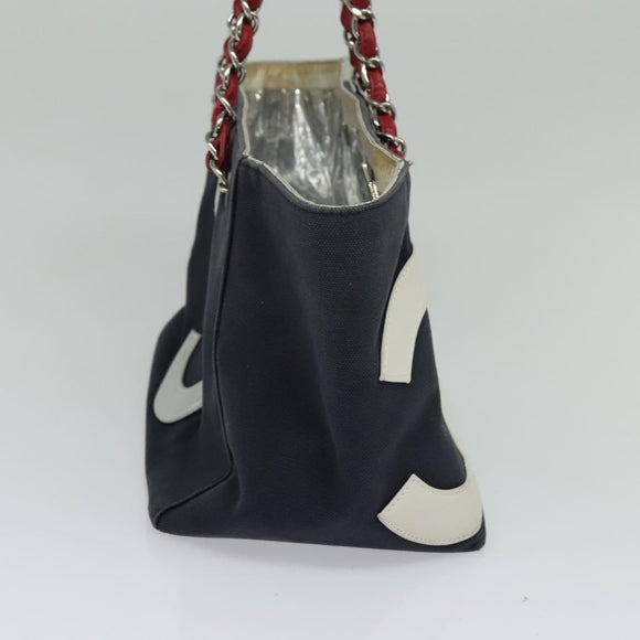 CHANEL Chain Tote Bag No5 Canvas Navy Silver CC Auth 135564