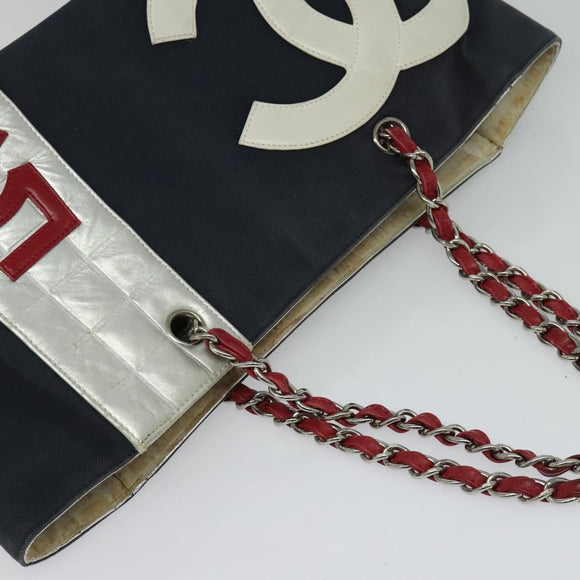 CHANEL Chain Tote Bag No5 Canvas Navy Silver CC Auth 135564