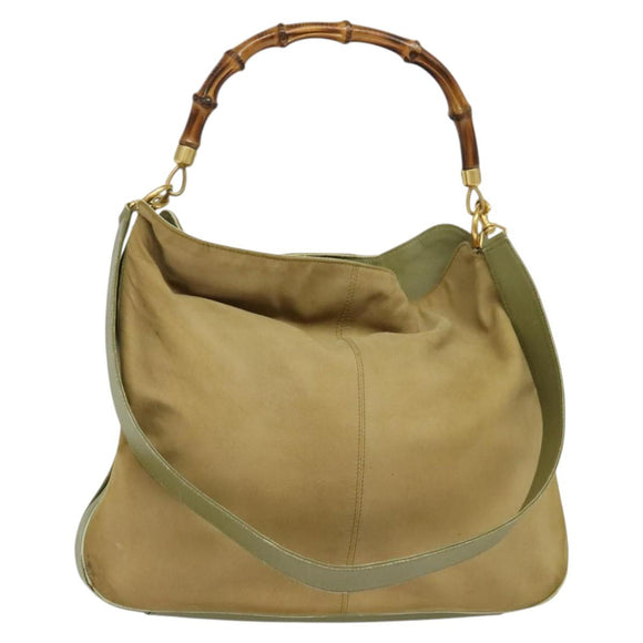 GUCCI Bamboo 2Way Shoulder Bag Suede Beige Gold 001 58 1577 Auth 135624