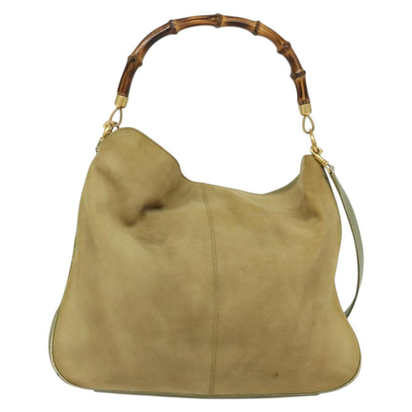 GUCCI Bamboo 2Way Shoulder Bag Suede Beige Gold 001 58 1577 Auth 135624