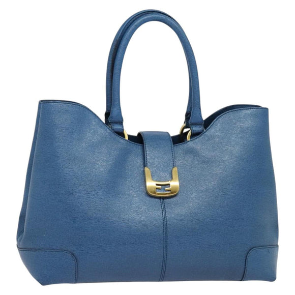 FENDI Tote Bag Leather Blue Gold Auth 135627
