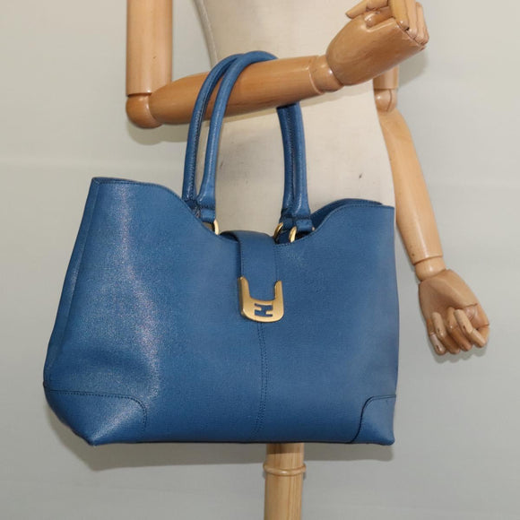 FENDI Tote Bag Leather Blue Gold Auth 135627