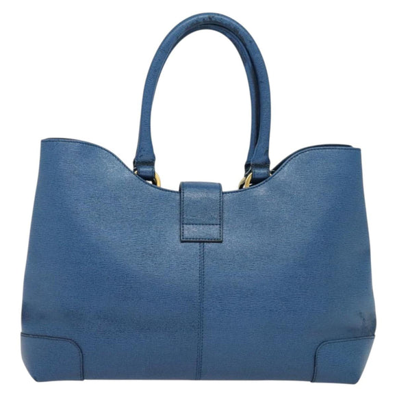 FENDI Tote Bag Leather Blue Gold Auth 135627