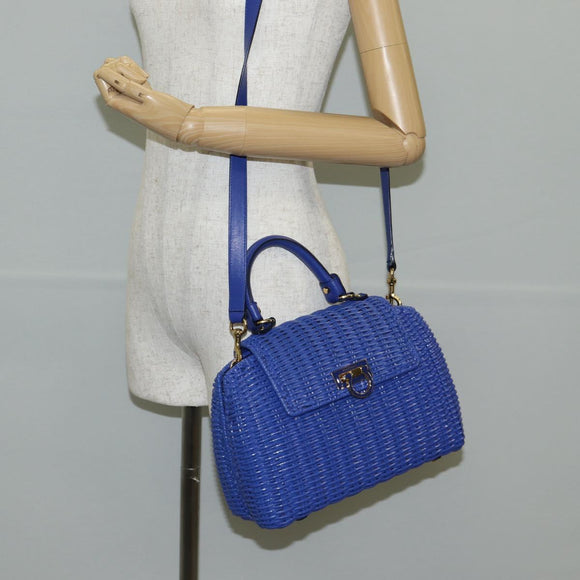 Salvatore Ferragamo Gancini Hand Bag Wicker 2way Blue Gold Auth 135631SAV