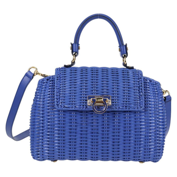 Salvatore Ferragamo Gancini Hand Bag Wicker 2way Blue Gold Auth 135631SAV
