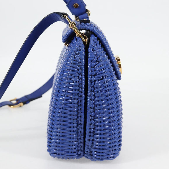 Salvatore Ferragamo Gancini Hand Bag Wicker 2way Blue Gold Auth 135631SAV