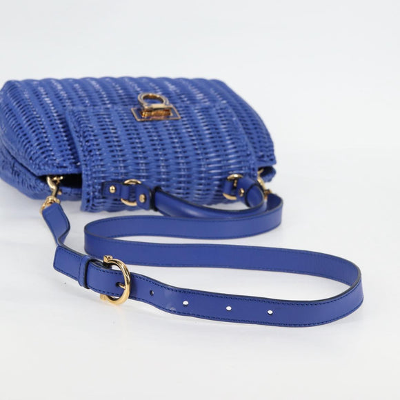 Salvatore Ferragamo Gancini Hand Bag Wicker 2way Blue Gold Auth 135631SAV