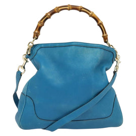 GUCCI Bamboo Hand Bag Leather 2way Blue Gold 282315 Auth 135658
