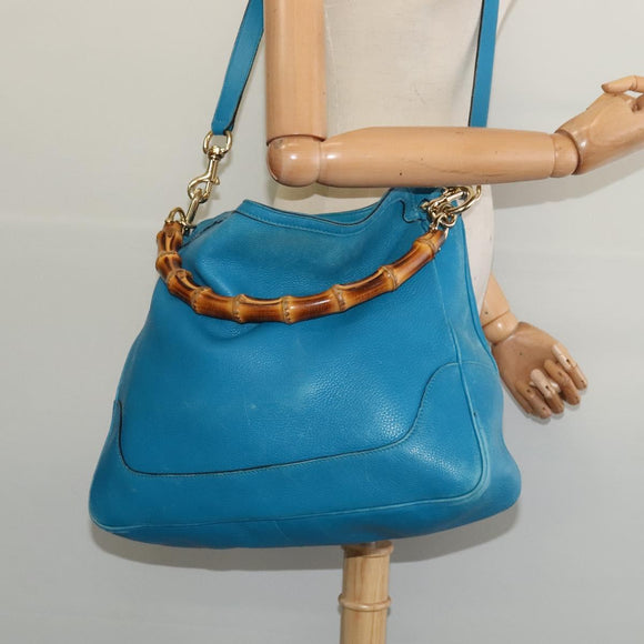 GUCCI Bamboo Hand Bag Leather 2way Blue Gold 282315 Auth 135658