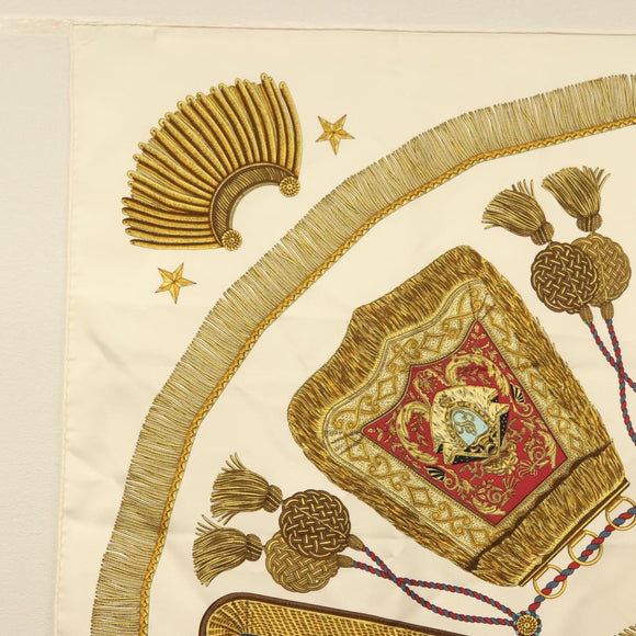 HERMES Carre 90 Scarf ""POSTE ET CAVAIENE"" Silk White Auth 135697