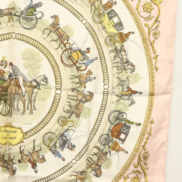 HERMES Carre 90 Scarf ""LA PROMENADE DE LONGCHAMPS"" Silk Pink Auth 135698