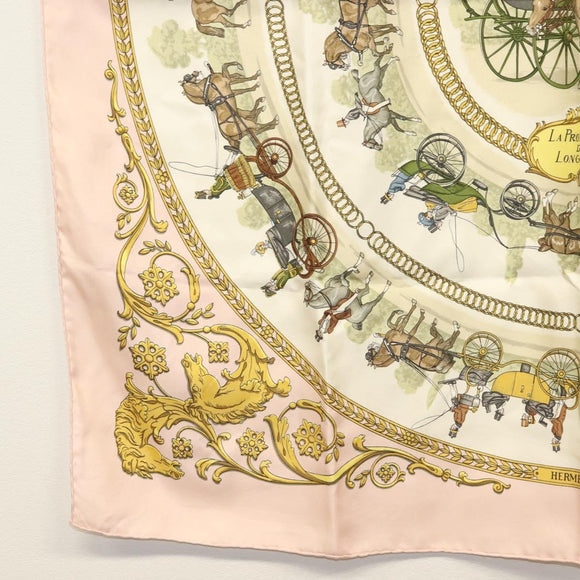 HERMES Carre 90 Scarf ""LA PROMENADE DE LONGCHAMPS"" Silk Pink Auth 135698