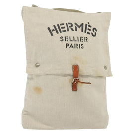 HERMES Buggy Baggage Hand Bag Canvas Beige Silver Auth 135703