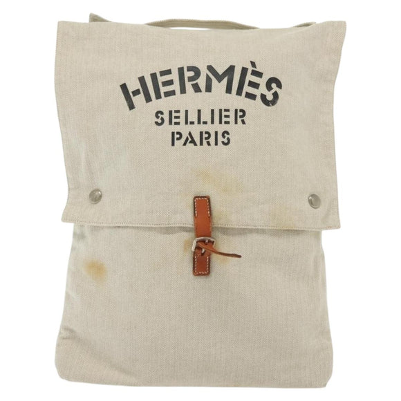HERMES Buggy Baggage Hand Bag Canvas Beige Silver Auth 135703
