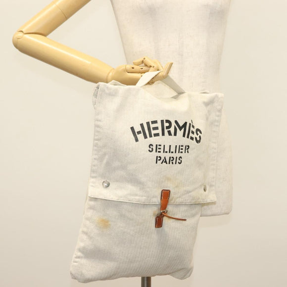 HERMES Buggy Baggage Hand Bag Canvas Beige Silver Auth 135703