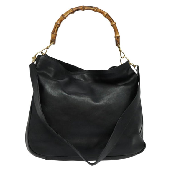 GUCCI Bamboo Hand Bag Leather 2way Black Gold 001 2123 1577 Auth 135785