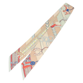 HERMES Twilly Scarf ""Brides et Gris Gris"" Silk Beige Auth 135813