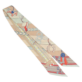 HERMES Twilly Scarf ""Brides et Gris Gris"" Silk Beige Auth 135813 - 0