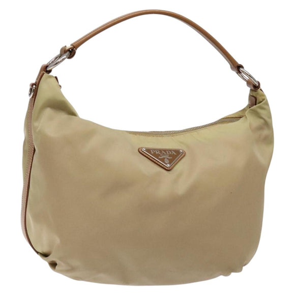 PRADA Tote Bag Nylon Beige Silver Auth 135926